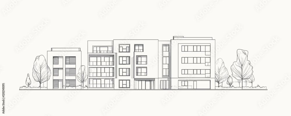 Obraz premium Modern flat style linear icons set of urban buildings and trees - vector illustration.