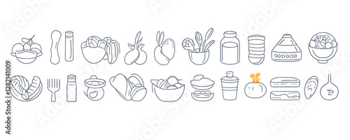 Linear flat icons set of kitchenware and ingredients in simple style.