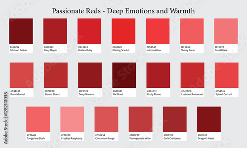 Color Palettes 20 Shades of Red - Passionate Reds Deep Emotions and Warmth Colors, Glowing Hues with HEX Codes and Names, Colour Swatches and Combinations
