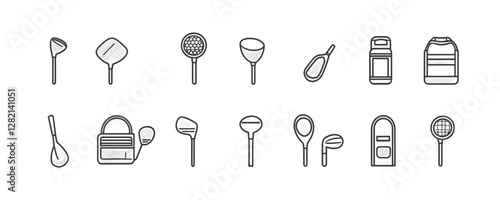 Flat linear badminton icons set with rackets and shuttlecocks in vector style.