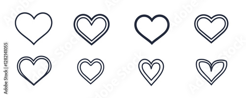 Linear heart icons set - flat vector style with various heart designs.