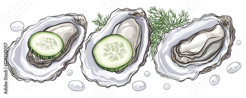 Flat icons set of oysters with fresh cucumber slices and herbs in linear style.