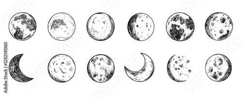 Flat linear moon phases icons set - vector art with hand-drawn style.