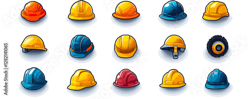 Flat construction helmets icons set - safety gear vector in linear style.