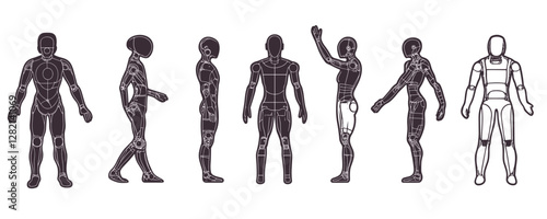 Flat vector icons set: human figures and robots in different positions.