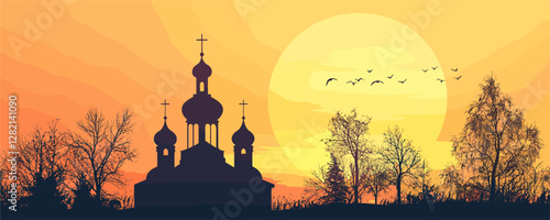 Flat vector icons set of orthodox church silhouette at sunset with trees and birds.