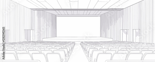 Flat linear icons set of theater interiors with stage and seating rows.