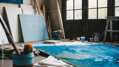 Art studio featuring blank canvases, brushes, and paints in natural light with wooden frames, evoking creativity and inspiration