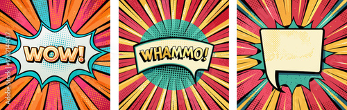 Set of vivid empty comic book speech bubble, Whammo and Wow bold text on retro pop art background, for socail media posts and poster design