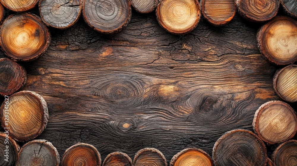 Wooden logs frame on rustic wood background Wooden logs frame on rustic wood background