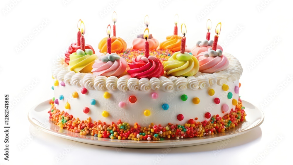 Birthday Cake with Candles and Sprinkles on White Background Birthday Cake with Candles and Sprinkles on White Background