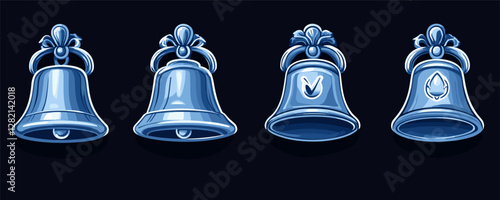 Flat christmas bells icons set in blue tones with decorative elements.