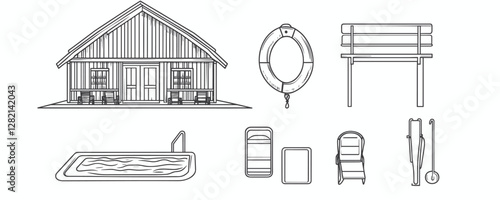 Flat linear icons set of outdoor and recreational items: cabin, pool, bench, lifebuoy, sleeping bag.