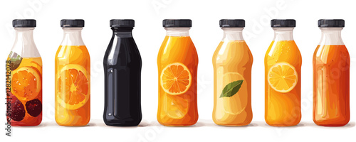 Flat vector icons set of assorted juice bottles with fruits and herbs.
