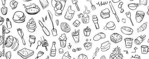 Flat linear food and kitchen icons set with diverse cooking and baking tools.