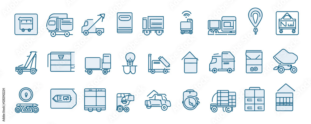 Flat linear transport and delivery icons set. Flat linear transport and delivery icons set.