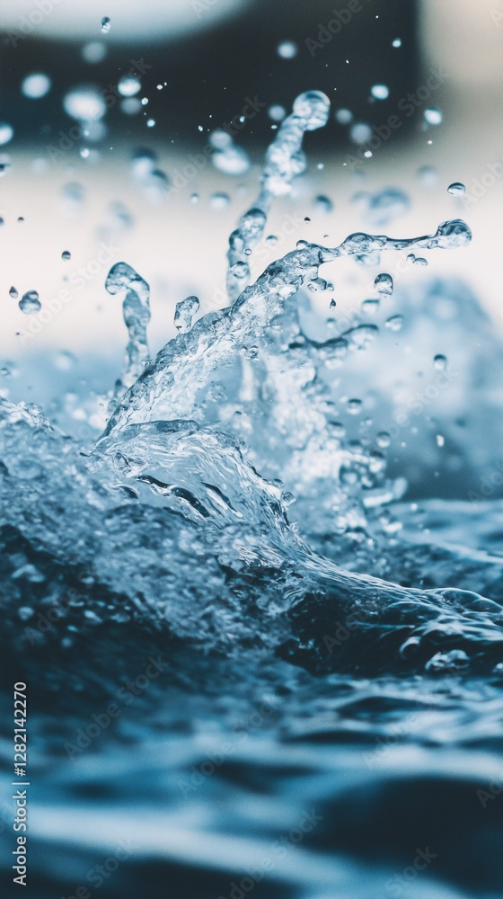Dynamic splash of crystal-clear water captured in motion. Perfect for concepts of freshness, purity, nature, and vitality. Ideal for backgrounds, advertising, wellness, and environmental themes Dynamic splash of crystal-clear water captured in motion. Perfect for concepts of freshness, purity, nature, and vitality. Ideal for backgrounds, advertising, wellness, and environmental themes