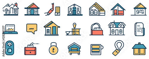 Linear flat icons set of smart home devices and property features.