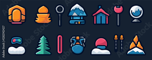Winter sports icons set: flat style vector with skiing and snowboarding elements.