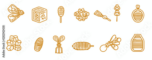 Flat linear honey icons set featuring beekeeping, honeycomb, and beeswax elements.
