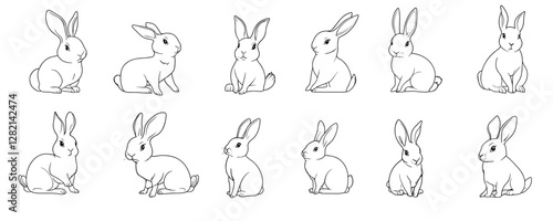 Flat linear rabbit icons set – cute bunnies in various poses, vector animal drawings.