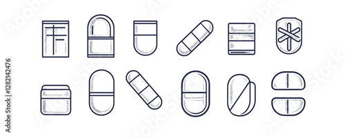 Flat linear medicine icons set: pills, capsules, and tablets.