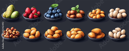 Flat icons set of various nuts and fruits in bowls - vector style.