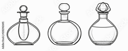 Flat linear icons set of elegant perfume bottle designs.