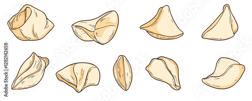 Flat linear dumpling icons set on white background.