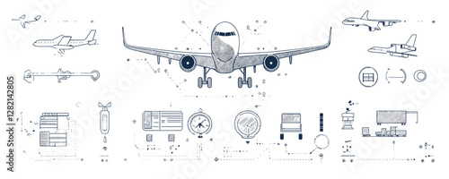Vector flat airplane and aviation linear icons set with instruments and diagrams.