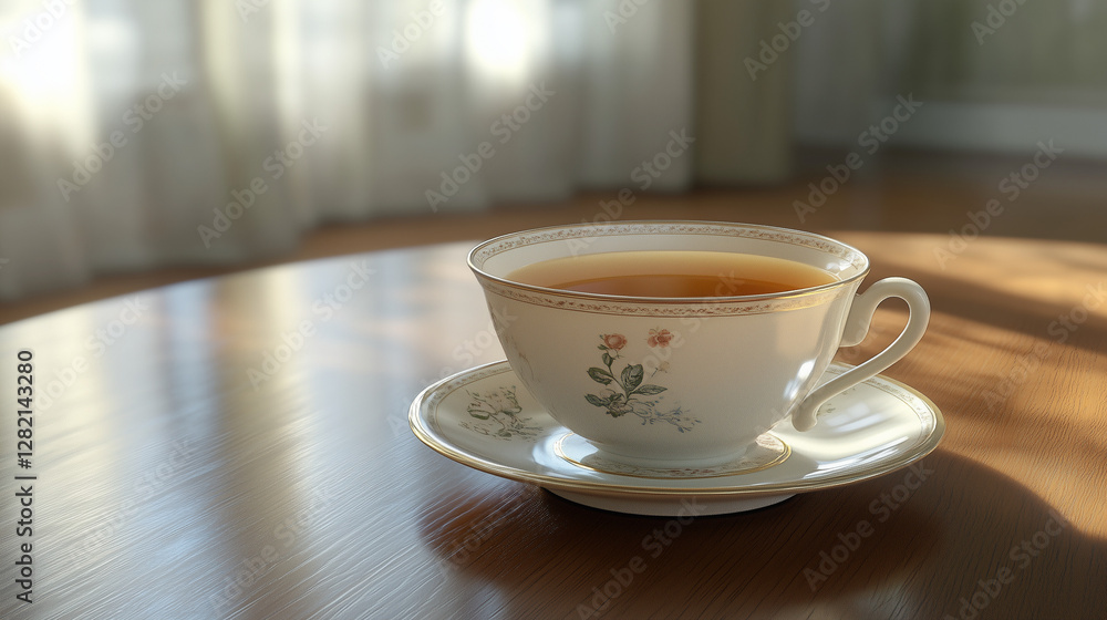 Fototapeta premium Elegant porcelain teapot and tea cup with floral design, steaming hot tea set on a decorative tray with soft lighting