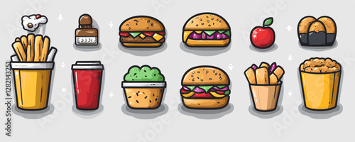 Flat fast food icons set with burgers, fries, and desserts in linear style.