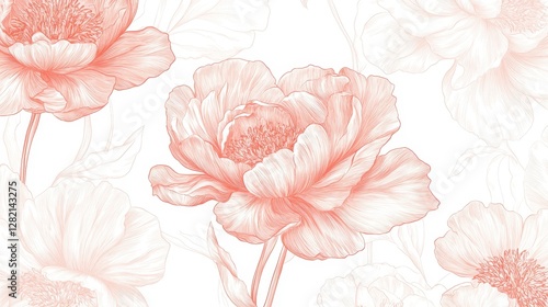 Fototapeta Naklejka Na Ścianę i Meble -  Delicate hand-drawn peach peonies with intricate details set against a soft white background.