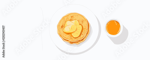 Flat icons set of pancakes with syrup and butter - vector food illustration.