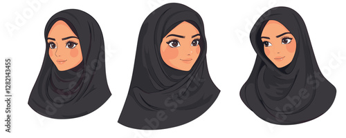 Flat style hijab woman icons set - vector art with multiple expressions.