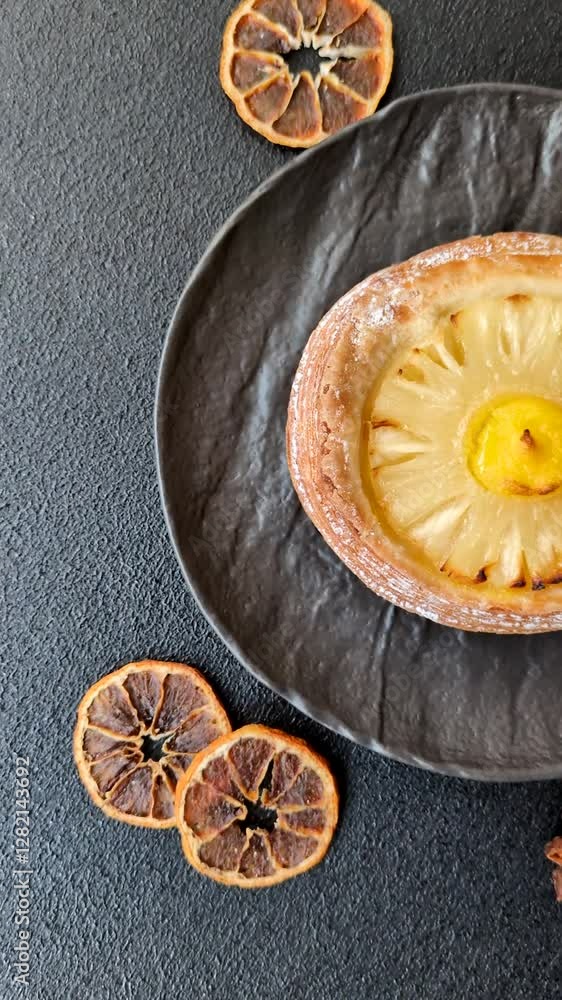 Sweet round tart with pineapple on a dark concrete background Sweet round tart with pineapple on a dark concrete background