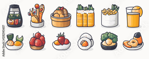 Flat icons set of asian food dishes: sushi, juice, tempura, dim sum.