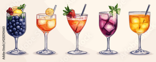 Flat icons set of cocktail glasses with colorful drinks and garnishes.