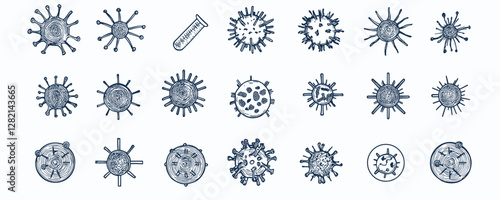 Linear flat icons set of virus structures and microorganisms.