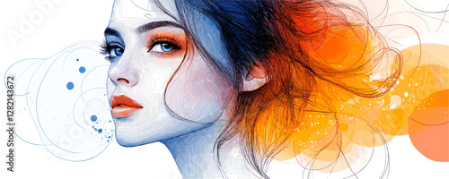 Flat style beauty icons set: elegant female portrait with abstract hair elements in vector.