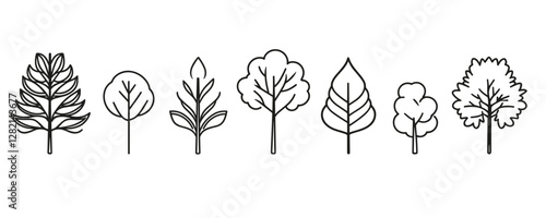 Linear flat icons set of minimalistic tree outlines in vector style.