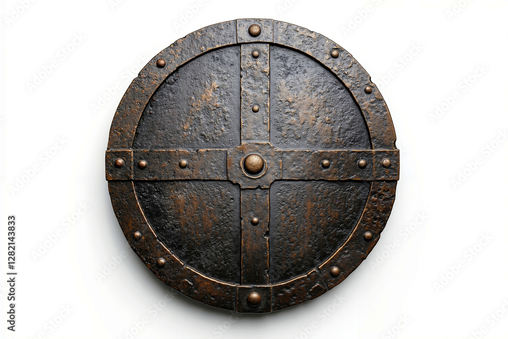 Fototapeta premium A round metal shield on a white background