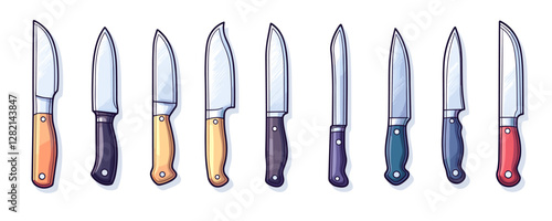 Flat kitchen knives icons set in linear style.