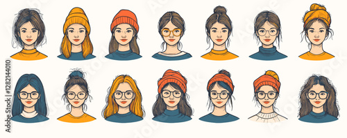 Flat linear icons set of diverse women in winter attire - vector style.