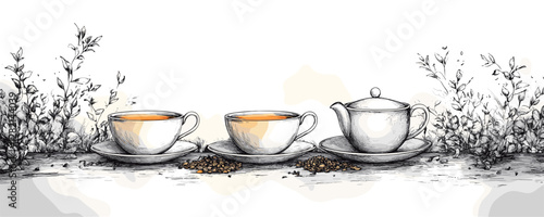 Tea cups and teapot vector icons set in linear style with leaves and herbs.