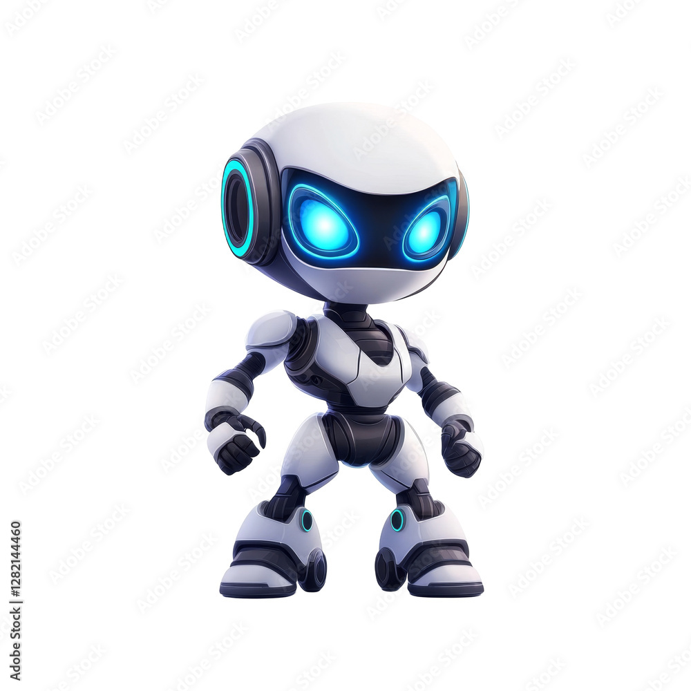 Futuristic humanoid robot with glowing eyes standing on two legs holding arms up Futuristic humanoid robot with glowing eyes standing on two legs holding arms up