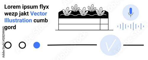 Digital interface with text placeholder, row of plants in a garden bed, voice recognition icon with waveforms, and circular design elements. Ideal for technology, communication, design, digital art