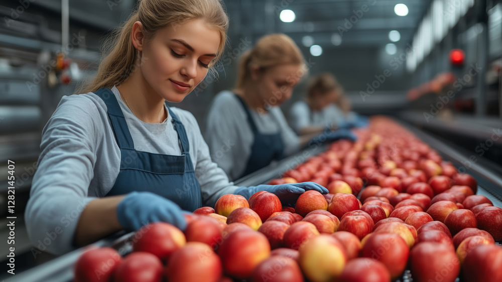 Female workers sort fresh apples on a busy conveyor belt line Female workers sort fresh apples on a busy conveyor belt line