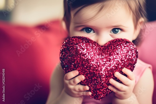 Commercial ad campaign visual idea art. Ð¡hildren valentine's day greeting card: toddler girl with begging eyes face holds red heart in hands. Sign of love. Family hugging on valentine's. photo