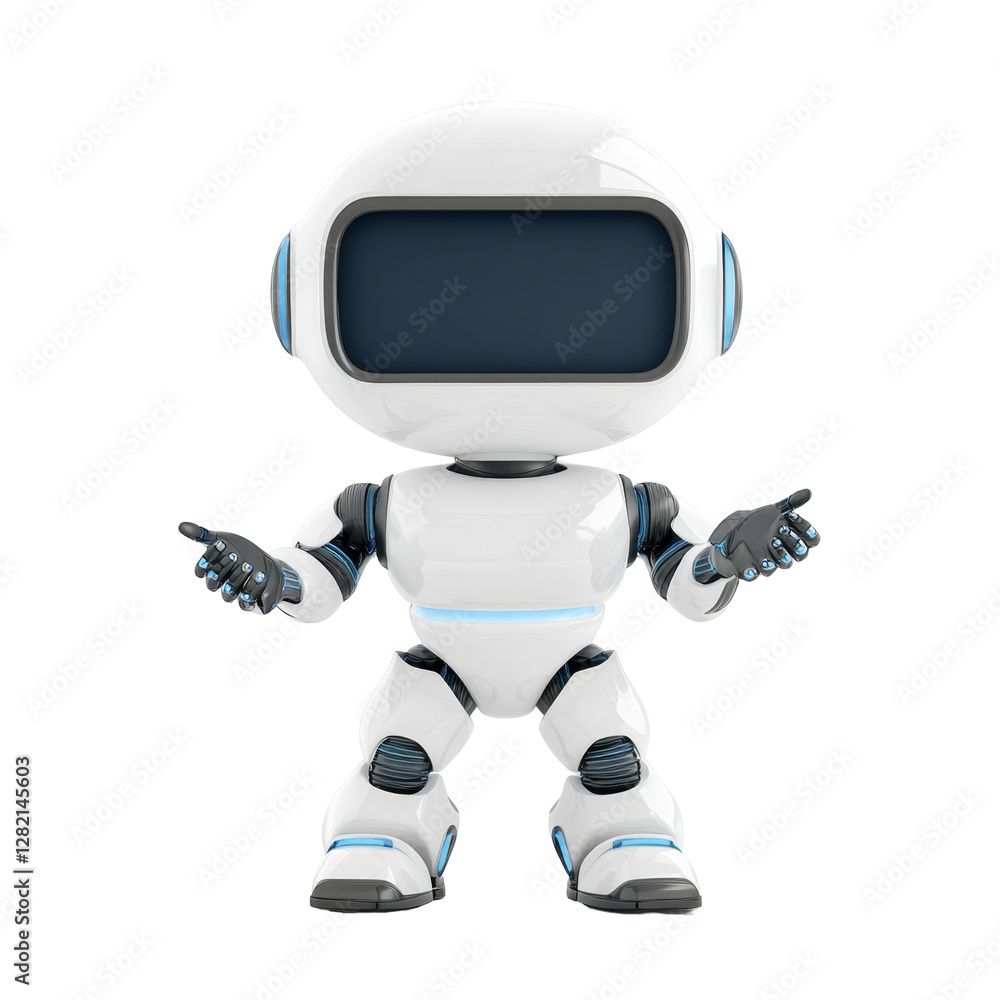 Futuristic white robot with blue details and large dark face display front view Futuristic white robot with blue details and large dark face display front view